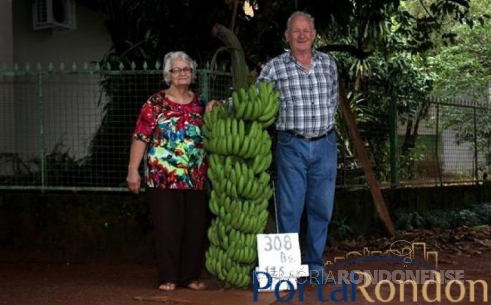 || Casal Selma e Eugênio Antonio Walter com o super cacho de bananas. 
Imagem: Acervo Portal Rondon - FOTO 8 - 