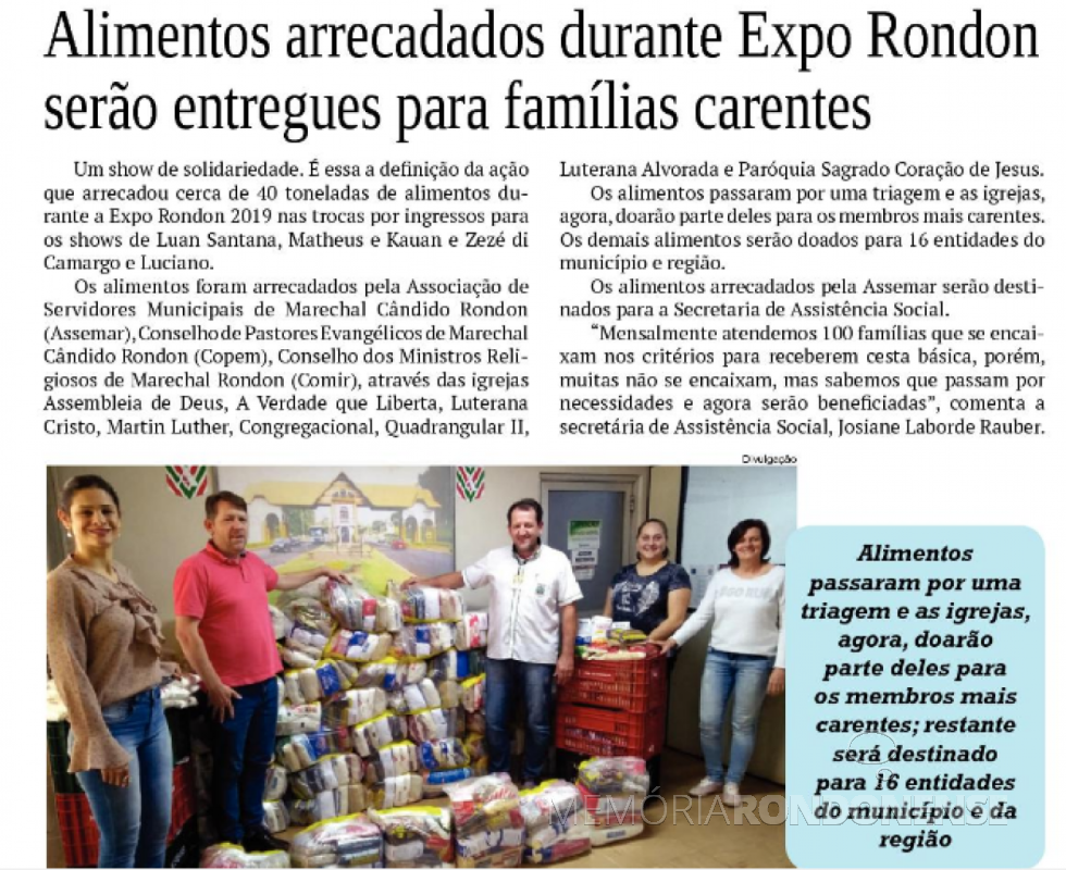 || Recorte noticioso do jornal O Presente sobre a distribuição dos alimentos arrecadados no ExpoRondon 2019. 
Imagem: Acervo do Informativo - FOTO 10 - 
