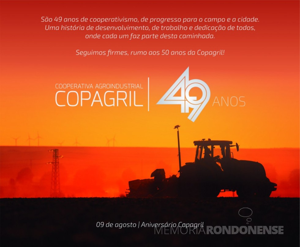 || Banner alusivo aos 49 anos da Copagril, em agosto de 2019. 
Imagem: Acervo Comunicação Copagril - FOTO 22 - 
