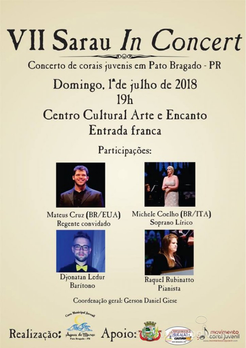 || Cartaz-convite do 7º Sarau in Concert, de Pato Bragado. 
Imagem: Imprensa PM-PR - FOTO 20 - 