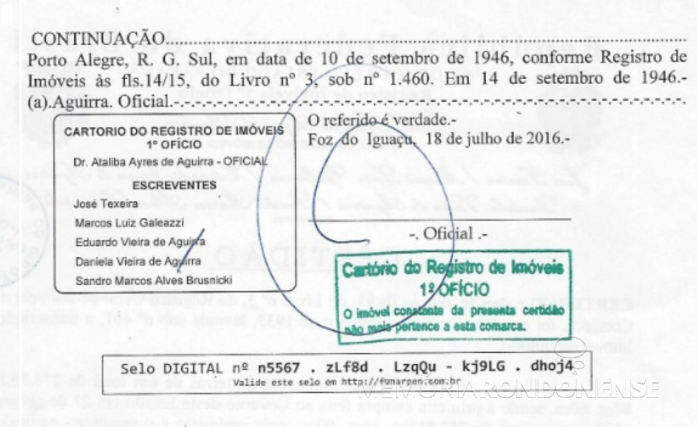|| Certidão (segunda página) de registro de vendas de terras pelo Governo do Paraná à Companhia de Madeiras del Alto Paraná, em 1907 e 1911.
Imagem: Acervo Memória Rondonense - FOTO 2 -