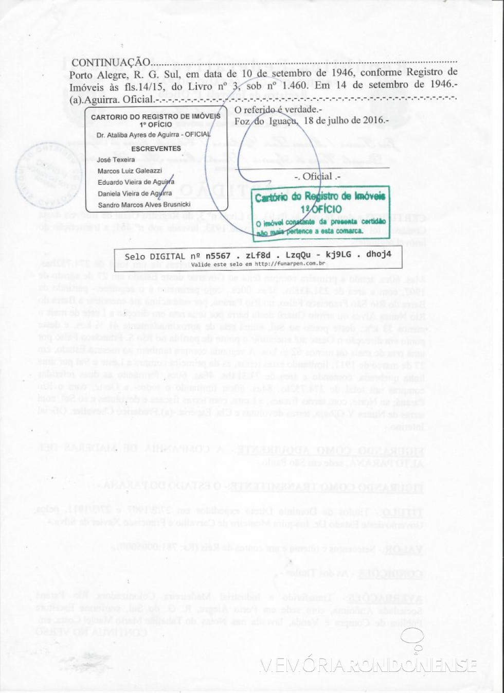 || Certidão (segunda página) de lavratura da escritura pública de venda e compra da