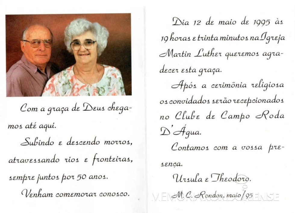 || Convite para as Bodas de Ouro do casal rondonense Theodoro e Úrsula Koniecziniak, em maio de 1995.
Imagem: Acervo Fred Teodoro Koniecziniak - Curitiba - FOTO 10 -
