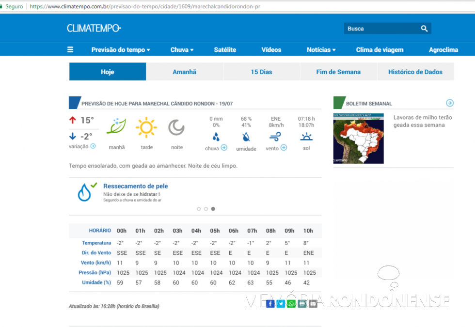 || Página (print)  da empresa de metereologia Climatempo, com a previsão da temperatura mínima média para Marechal Cândido Rondon, para o dia 19 de julho de 2017. 
Imagem: Acervo Climatempo - FOTO 8 - 