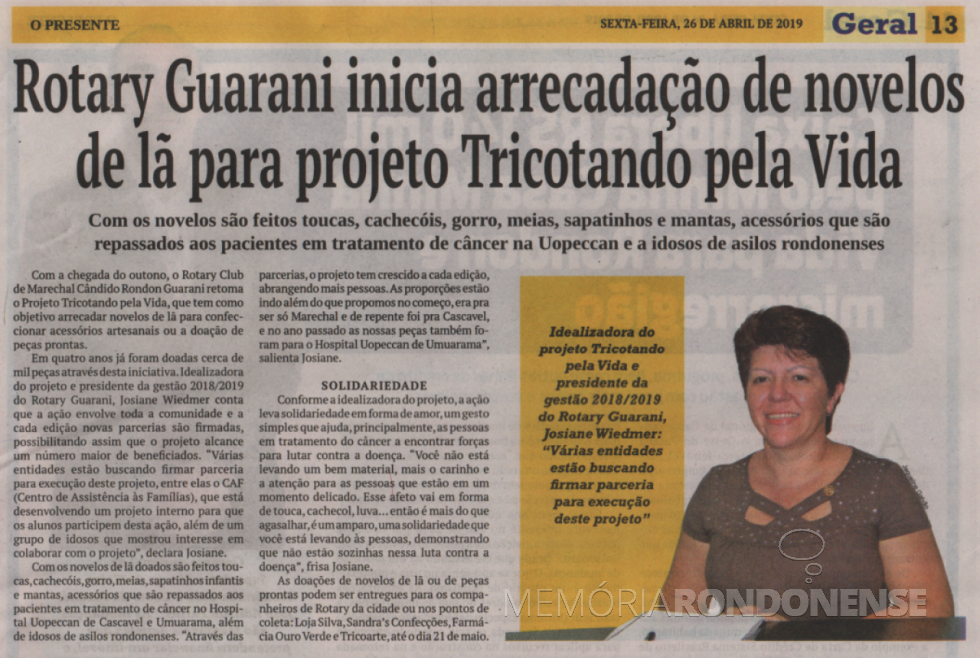 || Recorte noticioso do jornal O Presente ref. a campanha de arrecadação de novelos de lã do Rotary Club Guarani, em abril de  
Imagem: Acervo O Presente - FOTO  20 -