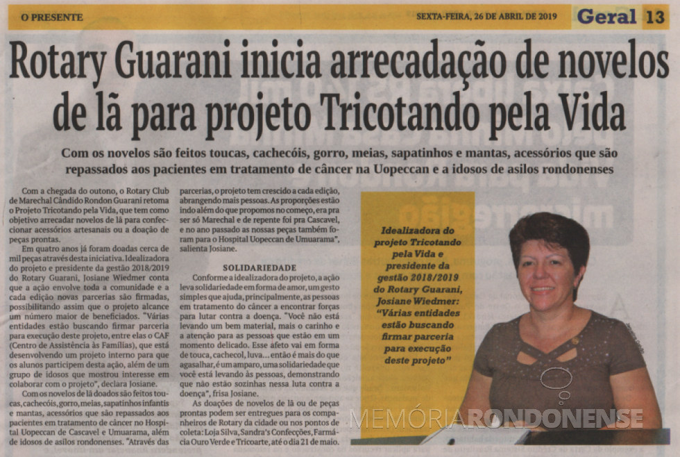 || Recorte noticioso do jornal O Presente ref. a campanha de arrecadação de novelos de lã do Rotary Club Guarani, em abril de  
Imagem: Acervo O Presente - FOTO  19 - 