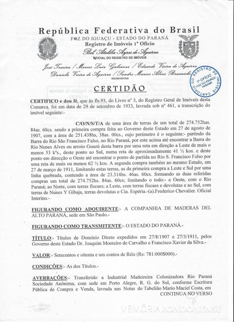 || Certidão (primeira página) de lavratura da escritura pública de venda e compra da