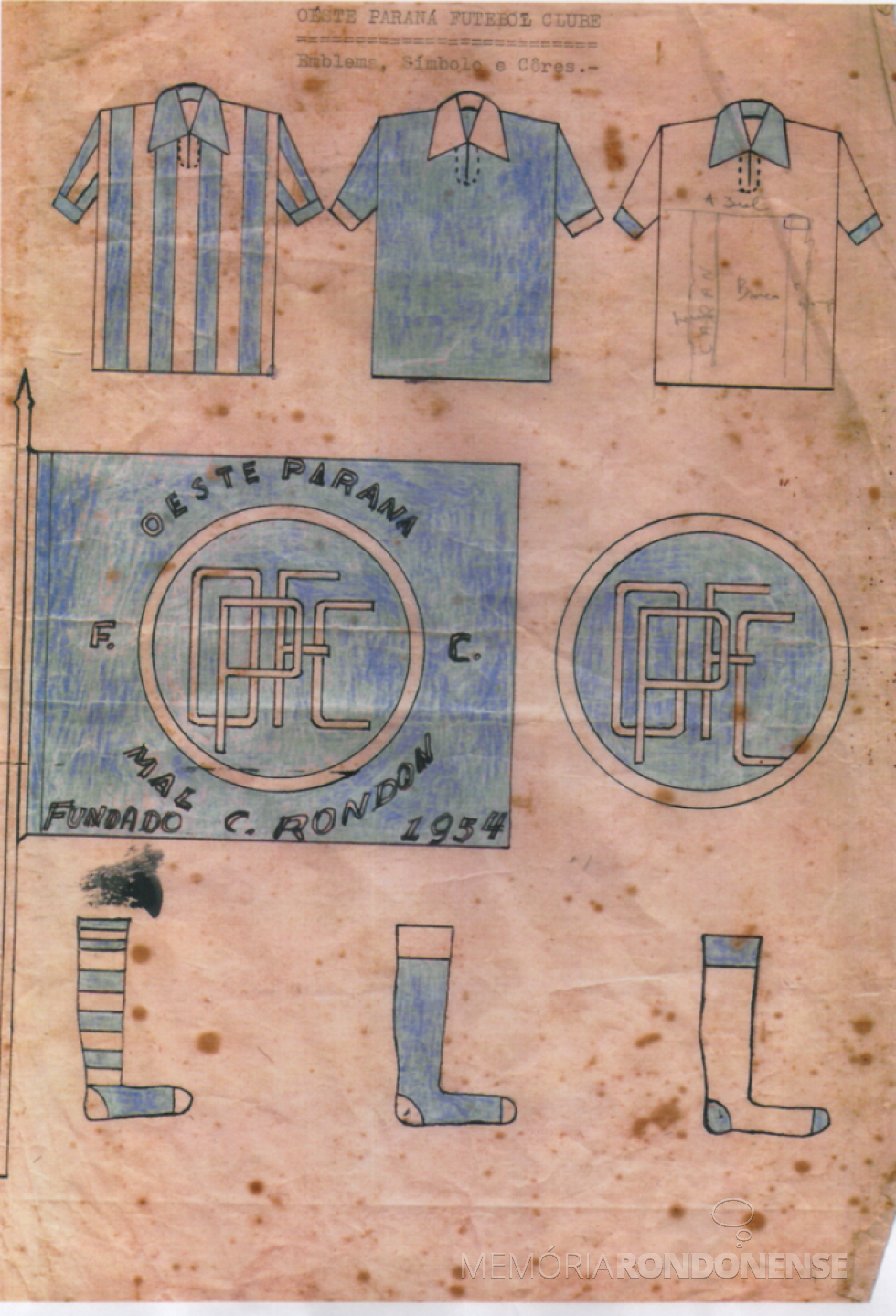 || Detalhes do uniforme, bandeira e símbolo do extinto Oeste Paraná Futebol Clube de Marechal Cândido Rondon.
Imagem: Acervo Liga Rondonense de Esportes - Gentileza: Marcio Andrei Rauber - FOTO 1 -