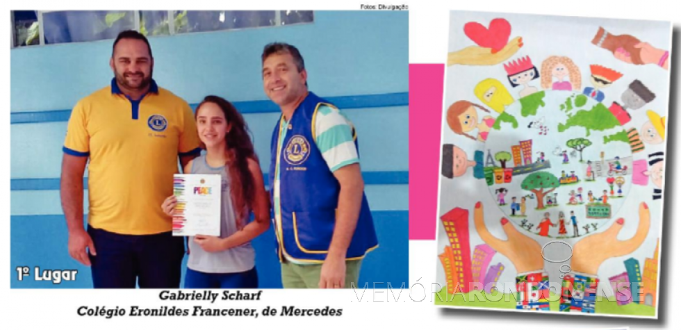 || Scharles Abbeg, presidente do Lions Club de Marechal Cândido Rondon, e o professor membro do clube de serviço, Eloi Pickler, fazendo a entrega da premiação para a primeira classificada no concurso