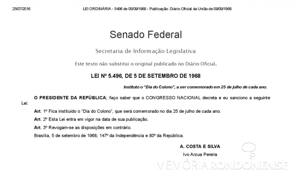 || Copia da Lei Federal nº 5.496/1968, que instituiu a