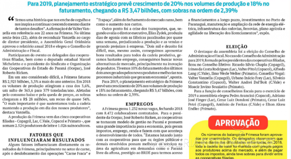 || Destaque do jornal O Presente referente a Assembleia Geral Ordinária 2019 da Cooperativa Central Frimesa. 
Imagem: Acervo do bisemanário - FOTO 9 -