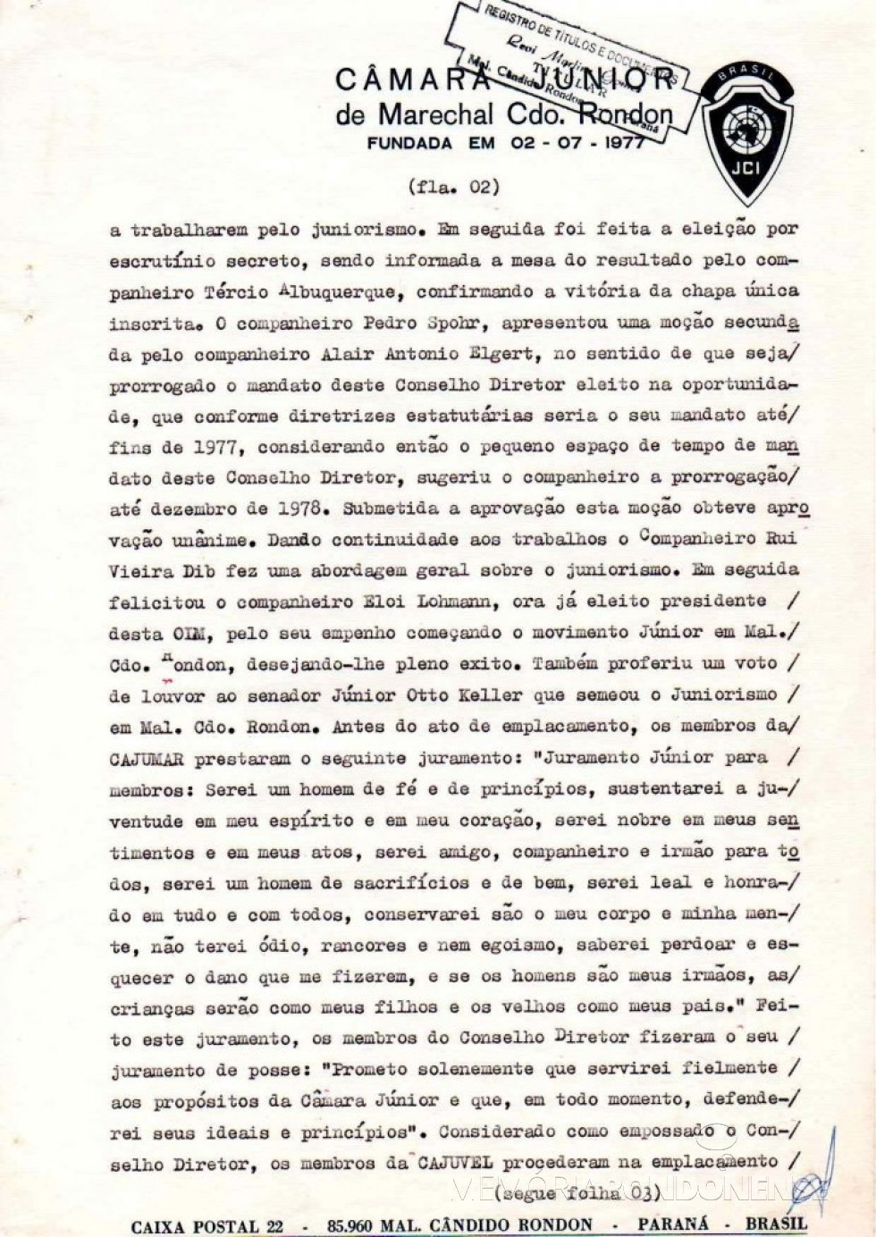 || Página 2 da ata de fundação da JCI Marechal Cândido Rondon.
Imagem: Acervo JCI - FOTO 27 -
