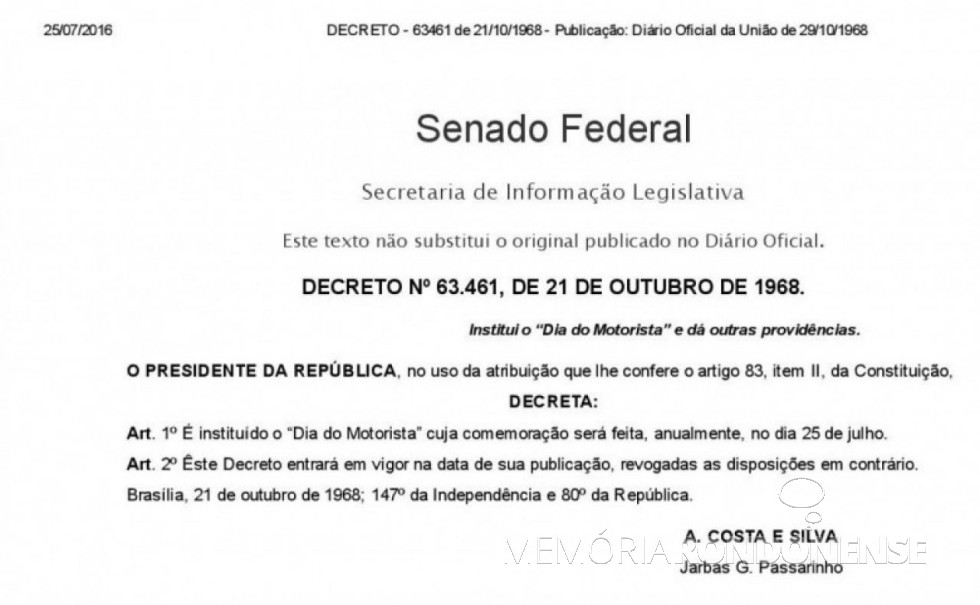 || Copia do Lei Federal nº 5.496/1968, que instituiu o