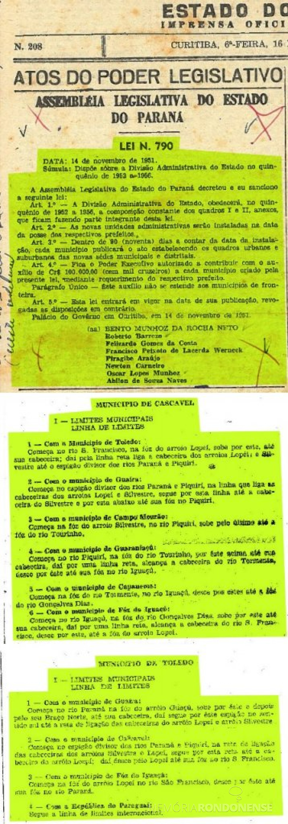 || Publicação da Lei nº 790/1951 que o criou os municípios de Toledo e Cascavel, em 1956.
Imagem: Acervo Arquivo Público do Paraná - Diário Oficial nº 208, de 16 de novembro de 1951 - FOTO 4 -