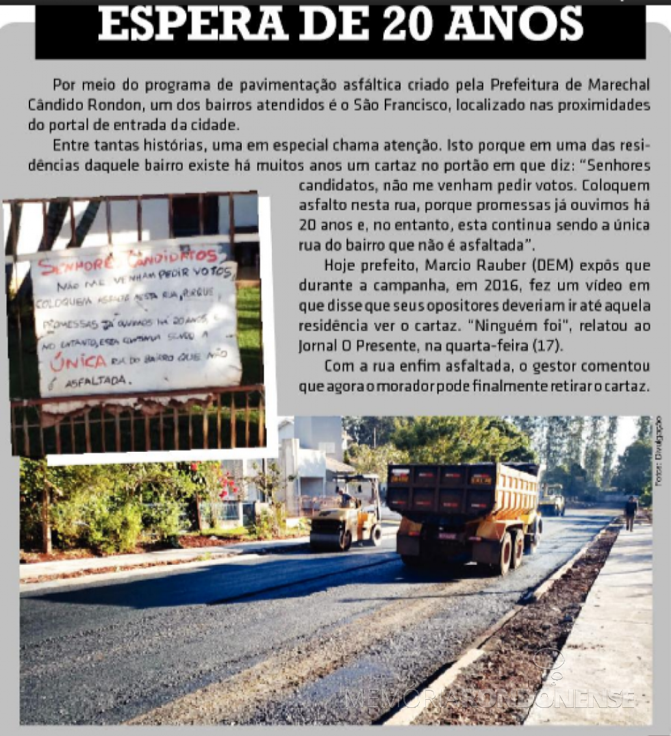 || Destaque do jornal O Presente sobre a pavimentação asfáltica em ruas do Bairro São Francisco. 
Imagem: Acervo O Presente - FOTO 12 - 