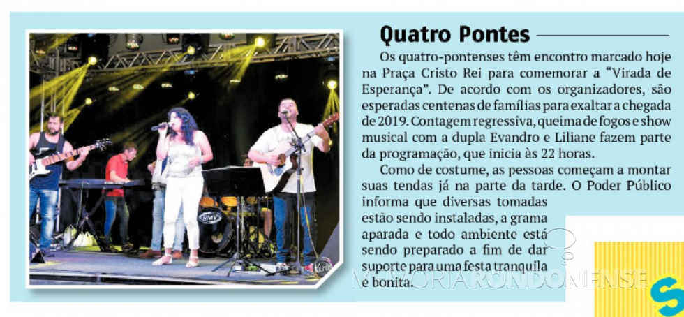 || Destaque do jornal O Presente  referente os festejos de Final de Ano na cidade de Quatro Pontes. -- FOTO 19 -