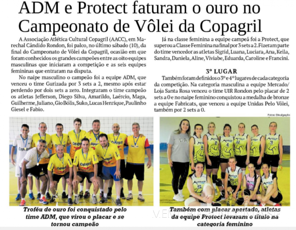 || Destaque do jornal O Presente sobre a final do Campeonato de Vôlei da Copagril 2018. 
Imagem: Acervo do Informativo - FOTO 25 - 