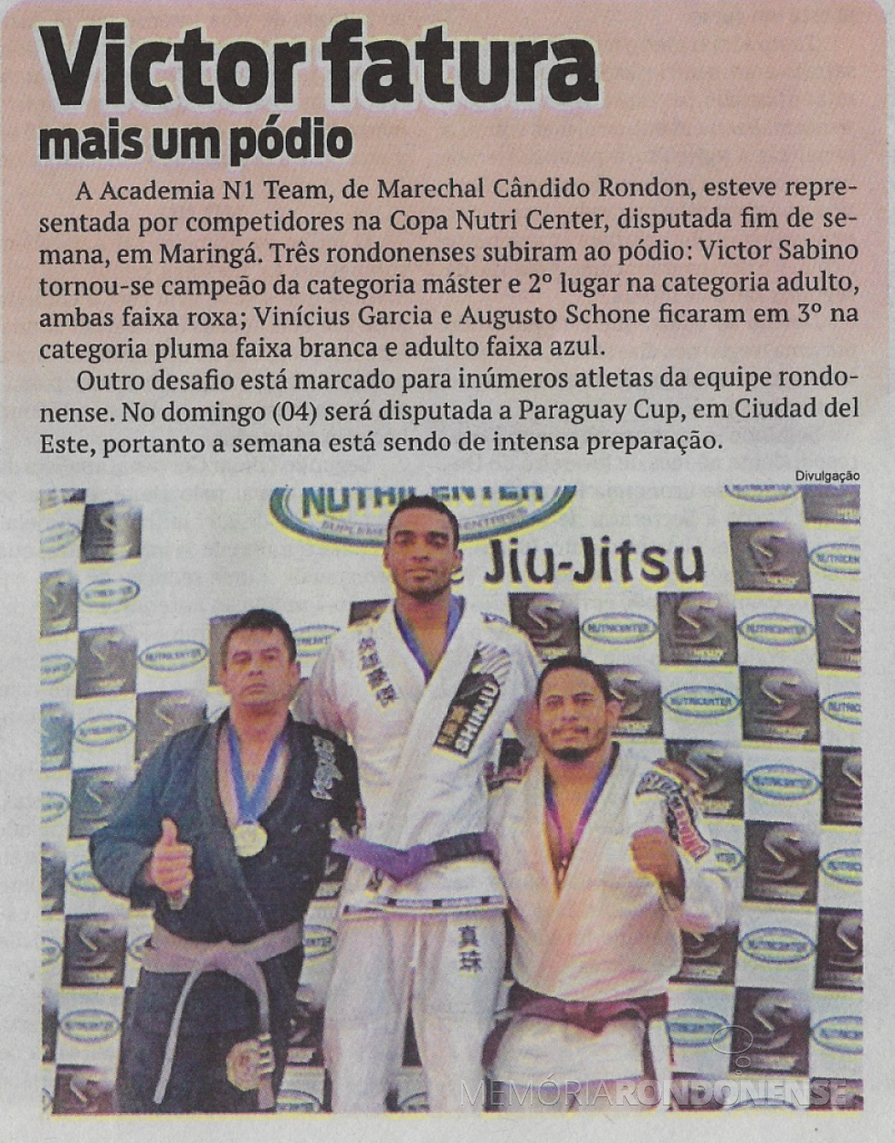|| Publicação do jornal O Presente  ref. a vitória do rondonense Victor Sabino, na cidade de Maringá (PR), em fevereiro de 2018.  
Imagem: Acervo O Presente - FOTO 6 -