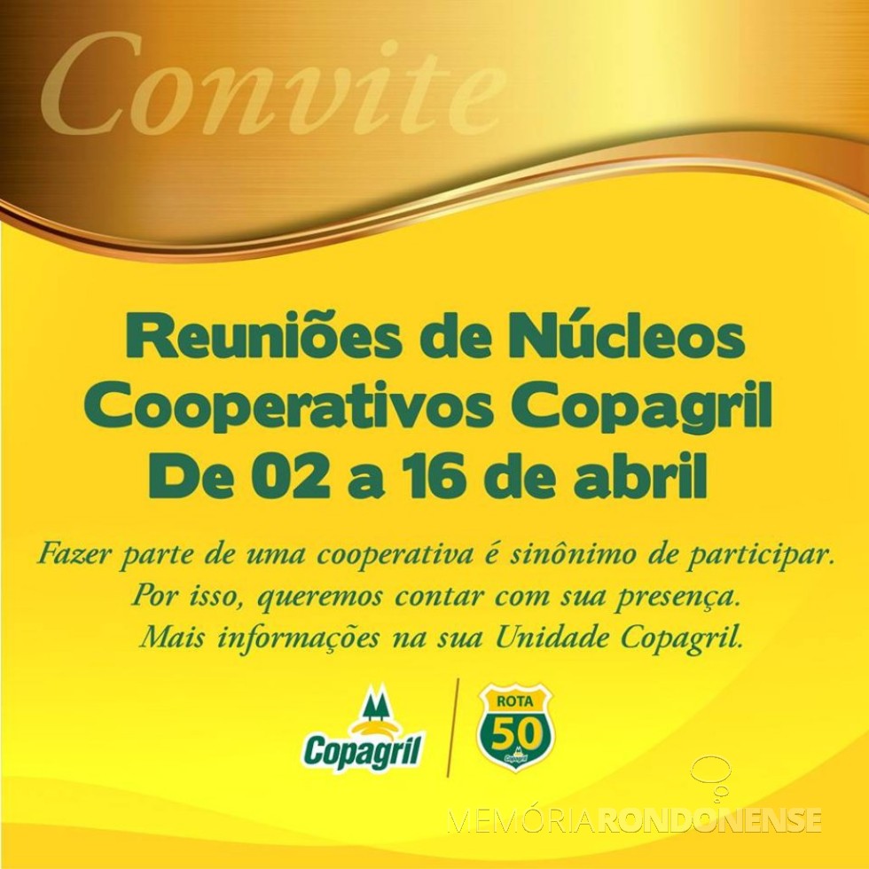 || Convite da Copagril para as reuniões dos núcleos cooperativos 2019. 
Imagem: Acervo Comunicação Copagril - FOTO 16
 - 