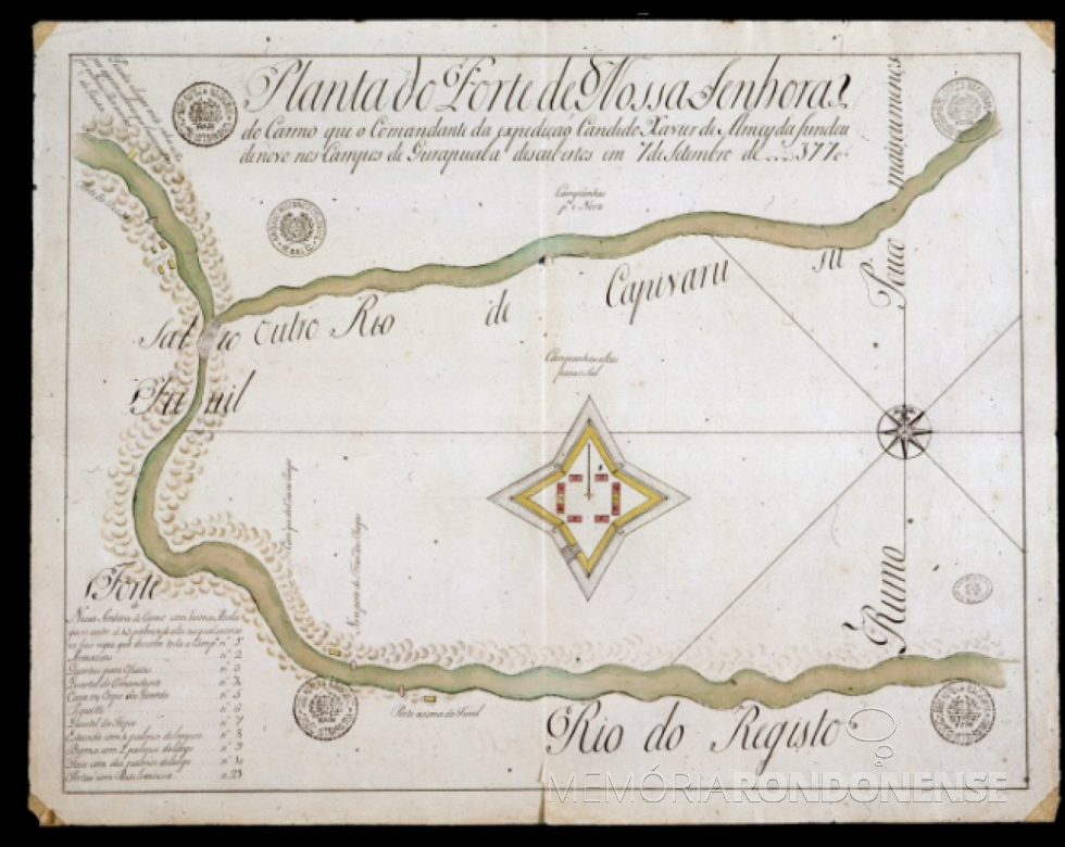 || Planta do Forte Nossa Senhora do Carmo e sua localização geográfica na região do campo Alegre, em Guarapuava, em 1770.
Imagem: Acervo Rede Memória - FOTO 2 -