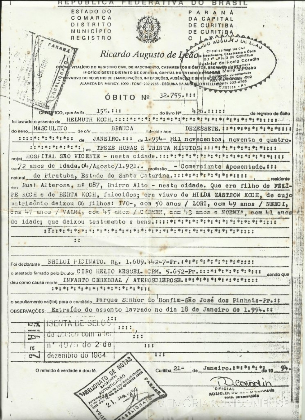 || Cópia da certidão de óbito do pioneiro rondonense Helmuth Koch.
Imagem: Acervo de Clelia Regina Ritter - FOTO 6 -