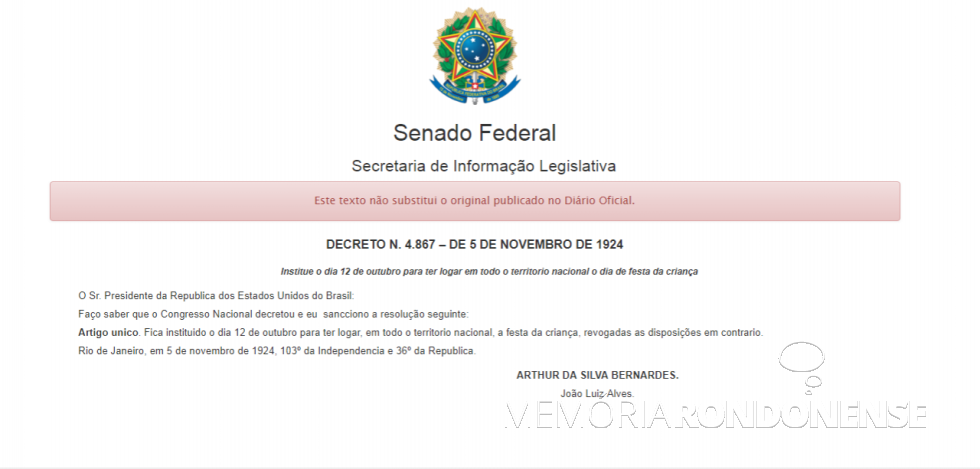 || Decreto Federal nº 4.867/1924, que institui o