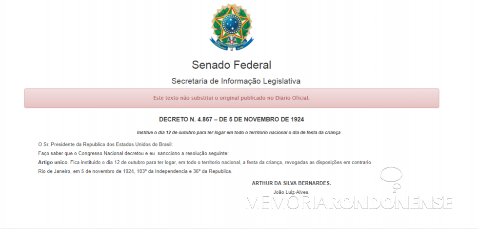 || Decreto Federal nº 4.867/1924, que institui o 