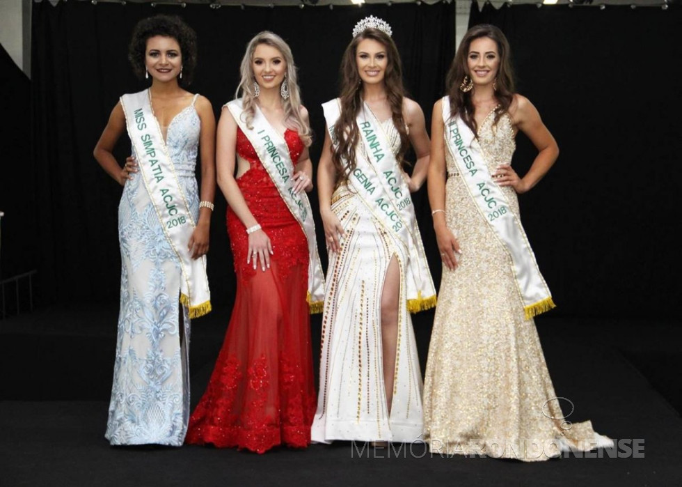|| Eleitas no concurso Rainha ACJC 2018: Miss Simpatia, Renata Taynara Amorim; 1ª Princesa, Sibele Thuíse de Almeida; Rainha, Simone Hoffmann; e 2ª Princesa, Maide Maisa Wundruk, em novembro de 2018.
Imagem: Comunicação Copagril - Crédito: Jorgeano Rocha - FOTO 26 -