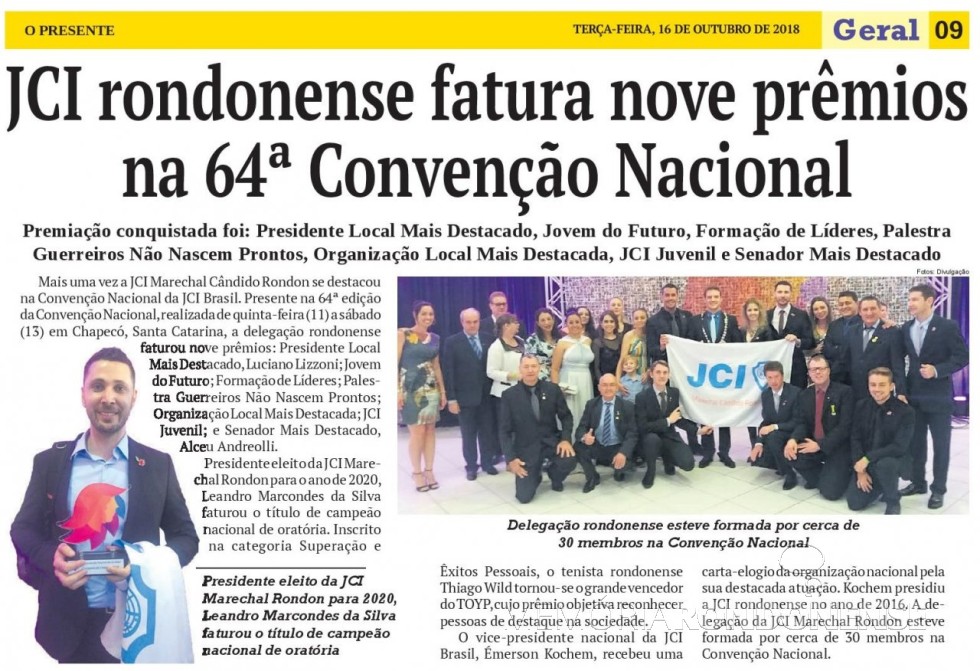 || Matéria de O Presente referente a participação da JCI Marechal Cândido Rondon na Convenção Nacional 2018,  em Chapecó (SC).
Imagem: Acervo do jornal - FOTO 11 - 