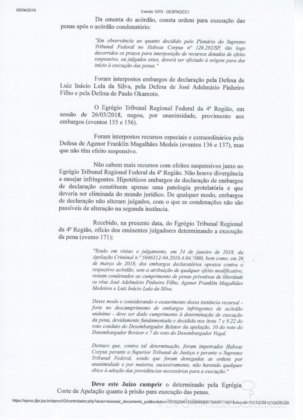 || Despacho decisório (2ª página) de mandado de prisão do ex-presidente Lula. 
Imagem: Acervo da Justiça Federal - 13ª Vara de Curitiba - FOTO 18 - 