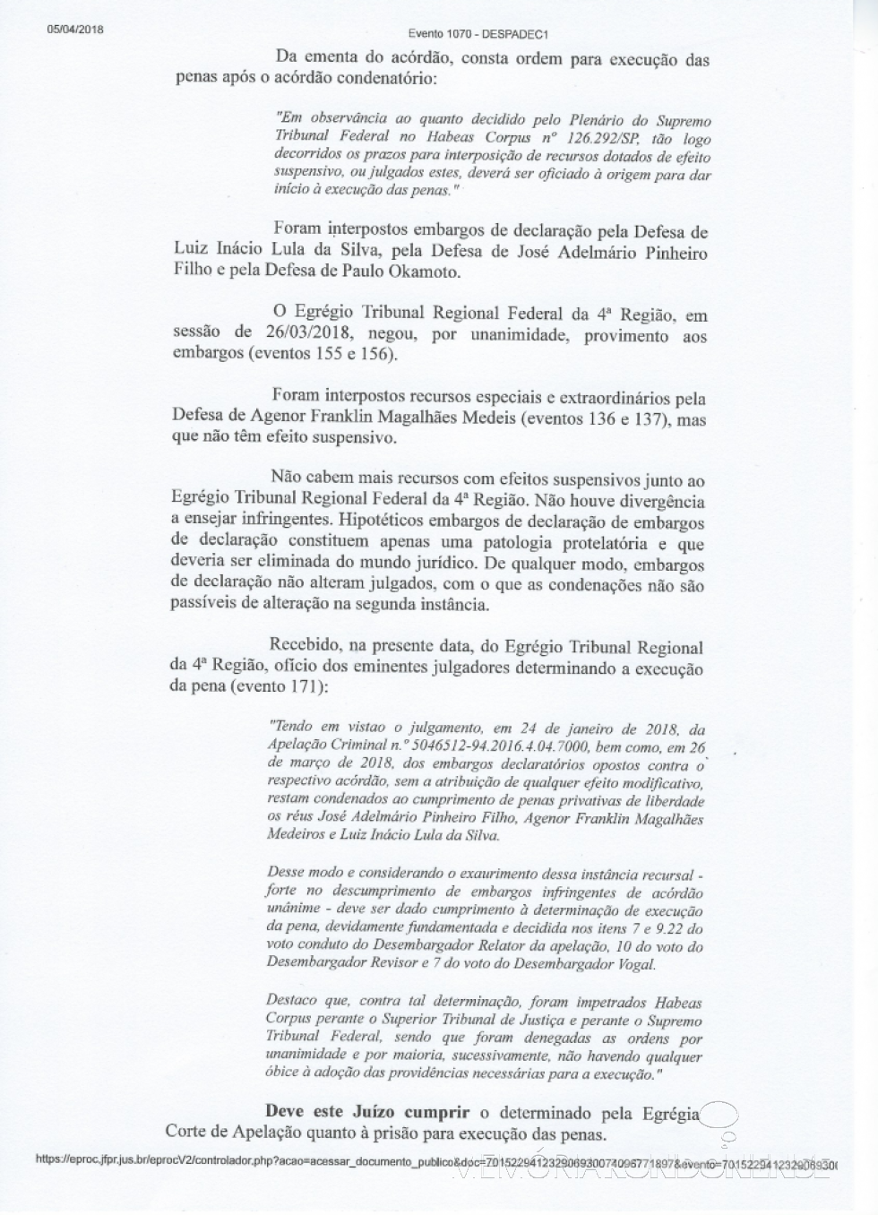 || Despacho decisório (2ª página) de mandado de prisão do ex-presidente Lula. 
Imagem: Acervo da Justiça Federal - 13ª Vara de Curitiba - FOTO 18 -