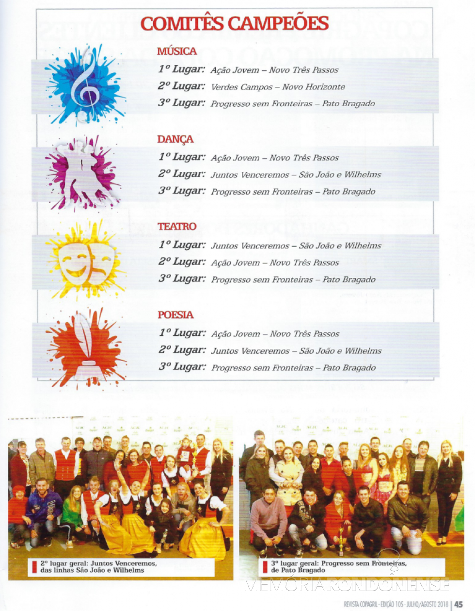 || Registro do resultado final da Maratona Cultural ACJC e as classificações alcançadas por comitês na edição 2018 .
Fonte: Revista Copagril, ed. 105, ano 13 - Julho/Agosto 2018 - FOTO 25 -