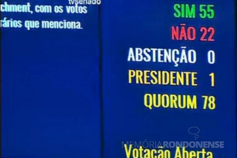 || Placar da votação do impeachment da Presidente Dilma Rousseff, em maio de 2016.
Imagem: Agência Brasil - FOTO 11 –