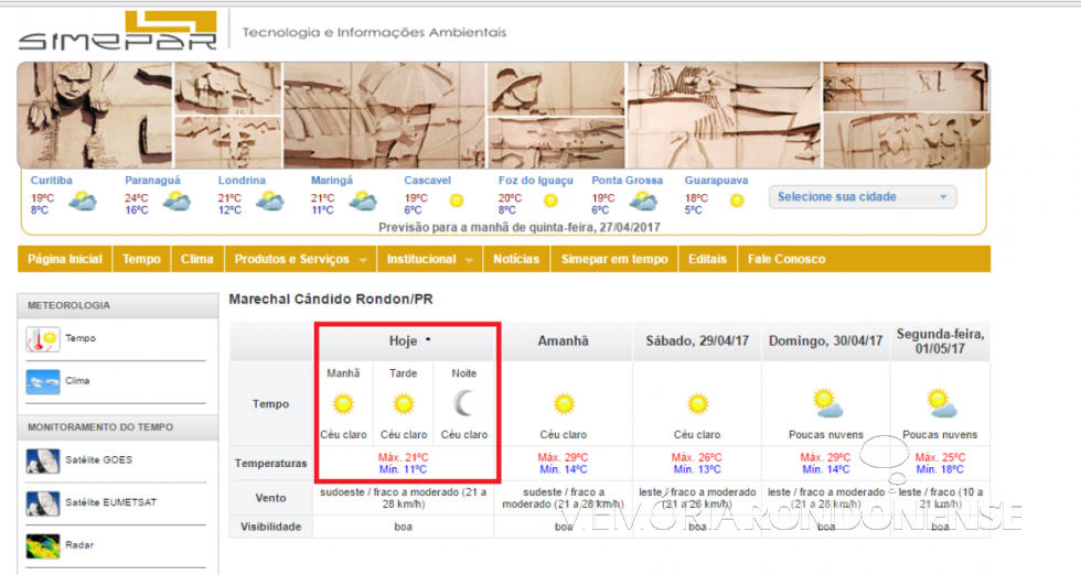 || Boletim informativo do Sistema Meteorológico do Paraná - SIMEPAR - assinalando a temperatura mínima média em Marechal Cândido Rondon, no dia 27 de abril de 2017.
Imagem: Acervo Simepar - FOTO 21 -