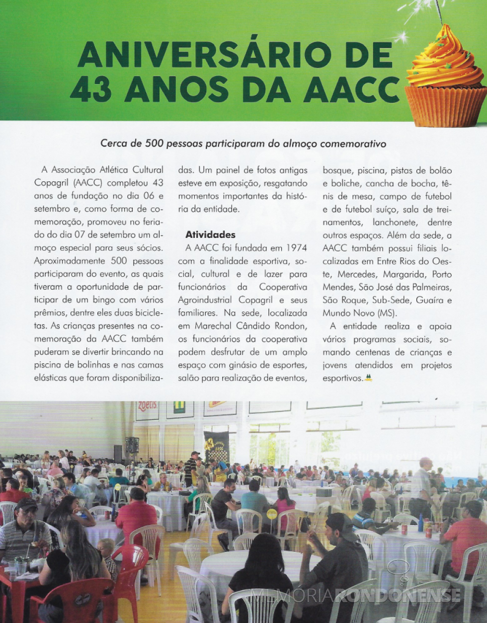 || Destaque da Revista Copagril sobre a comemoração do 43º aniversário da AACC. 
Imagem: Revista Copagril nº 100 - FOTO 19 -