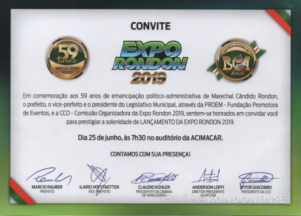 || Convite para o lançamento da EXPORONDON 2019, em junho de 2019.
Imagem: Acervo Memória Rondonense - FOTO 15 -
