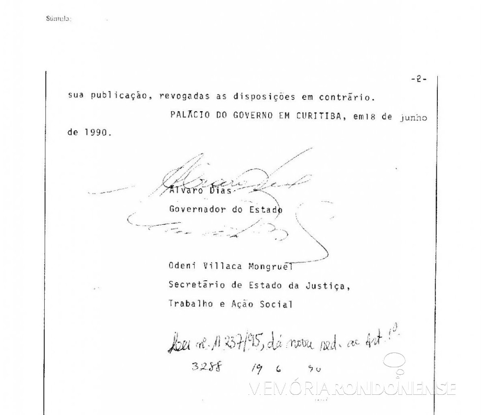 || Parte final da Lei nº 9.299/90. 
Imagem: Arquivo Público do Paraná - FOTO 2 -