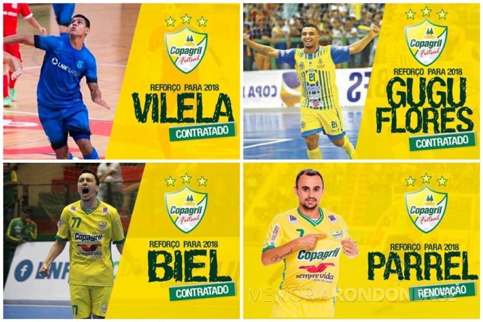 || Quadro com as imagens dos jogadores contratados pela Copagril Futsal para a temporada 2018, anunciados no dia 02 de janeiro.  
Imagens: Acervo Imprensa Copagril - Montagem: Tioni de Oliveira - FOTO 13 - 