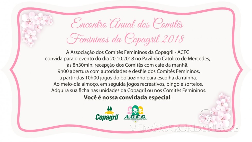 || Convite para o 18º Encontro da ACFC 2018, em outubro de 2018.
Imagem: Acervo Comunicação Copagril   - FOTO 29 - 