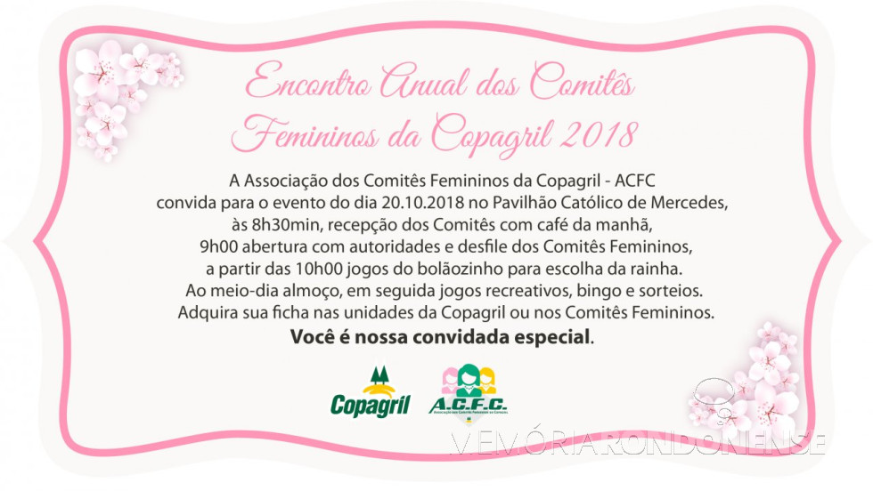 || Convite para o 18º Encontro da ACFC 2018, em outubro de 2018.
Imagem: Acervo Comunicação Copagril   - FOTO 29 - 