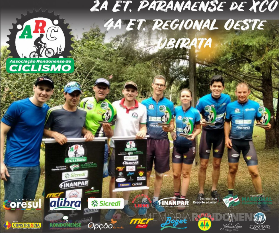 ||Ciclistas rondonenses classificados nas competições da cidade de Ubiratã, em maio de  2018.
Da esquerda a direita: Leonardo Schaufelberger, André Freitag, Sergio Luis Birck, Douglas Matheus Thomas, Marco Aurélio Stenzel, Rosangela Cristina Schmitz, Rosangela Cristina Schmitz  e Marcelo Konzen.
Imagem: Acervo Associação Rondonense de Ciclismo (ARC) - FOTO 18 -