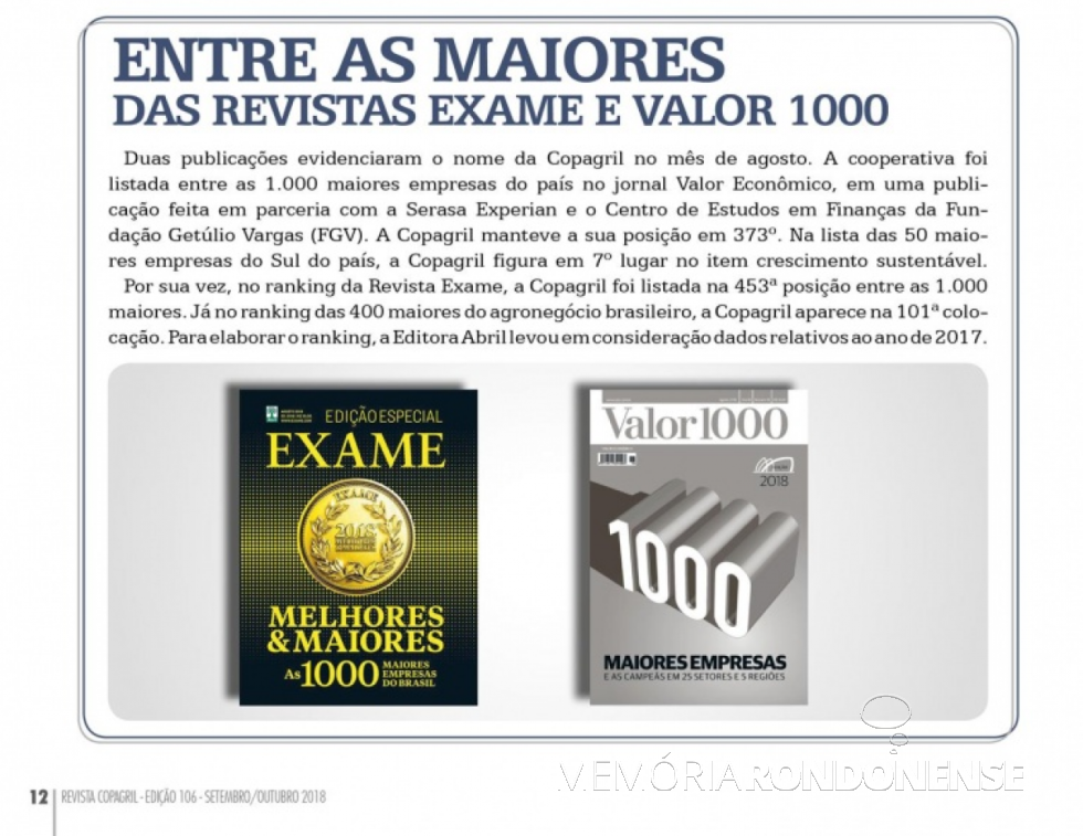 || Destaque da revista Copagril nº 106, caderno Setembro/Outubro 2018 , ref. a evidência da cooperativa no grupo das grandes empresas brasileiras. - FOTO 12 -