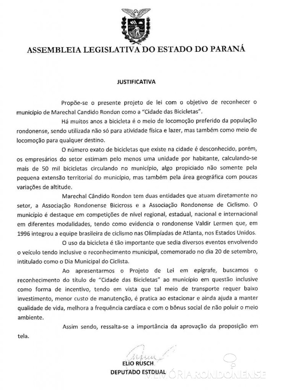 || Justificativa do projeto de lei que reconhece Marechal Cândido Rondon como