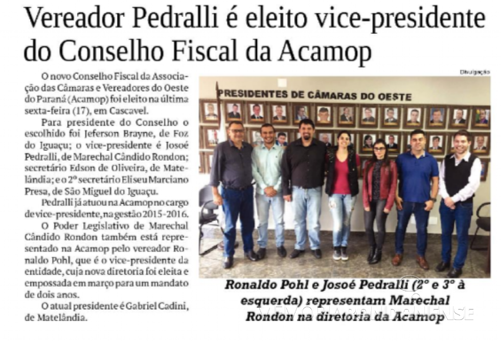 || Recorte informativo do jornal O Presente destacando a eleição do vereador rondonense Josoé Pedralli para o cargo de vice-presidente do Conselho Fiscal da ACAMOP, em maio de 2019.
Imagem: Acervo O Presente - FOTO 20 -