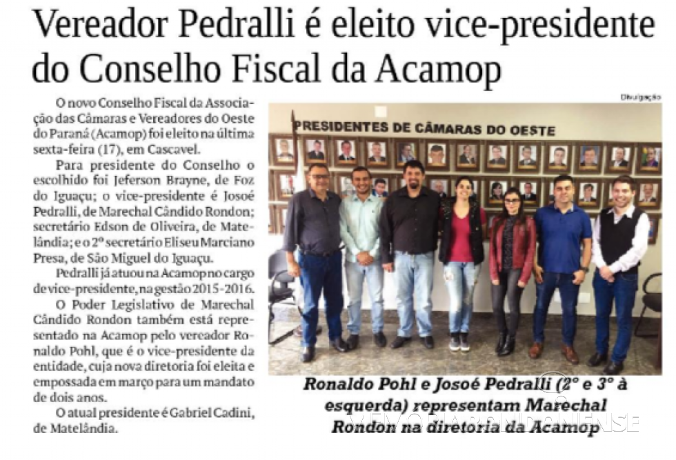 || Recorte informativo do jornal O Presente destacando a eleição do vereador rondonense Josoé Pedralli para o cargo de vice-presidente do Conselho Fiscal da ACAMOP, em maio de 2019. 
Imagem: Acervo O Presente - FOTO 18 -