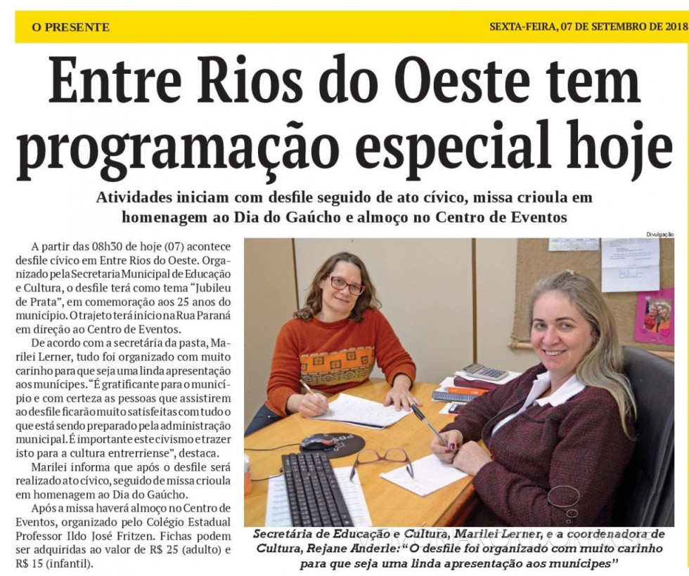 || Matéria do jornal O Presente referente a programação especial de 07 de Setembro, no município de Entre Rios do Oeste. 
Fonte: Acervo O Presente - FOTO 23 -