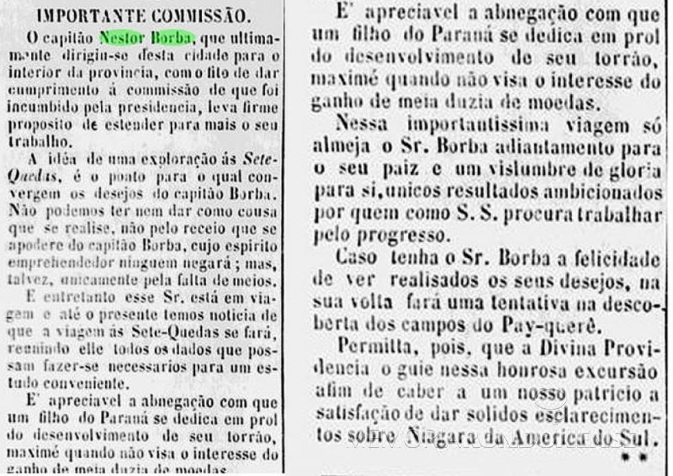 || Recorte de jornal curitibano referindo-se a viagem de Nestor Borba às Sete Quedas, em dezembro de 1875.
Imagem: Acervo Hamilton Junior - FOTO 2 -