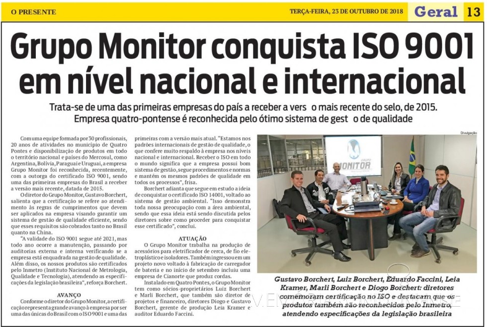 || Destaque do jornal O Presente referente a certificação do Grupo Monitor, da cidade de Quatro Pontes. 
Imagem: Acervo O Presente - FOTO 22 - 