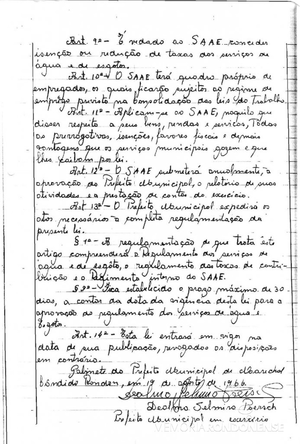 || Cópia da Lei Municipal nº 223/66 (5ª página), de 19 de agosto de 1966, que criou o Serviço Autônomo de Água e Esgoto de Marechal Cândido Rondon - o SAAE. 
Imagem: Acervo Arquivo da Prefeitura Municipal de Marechal Cândido Rondon. - FOTO 5 -