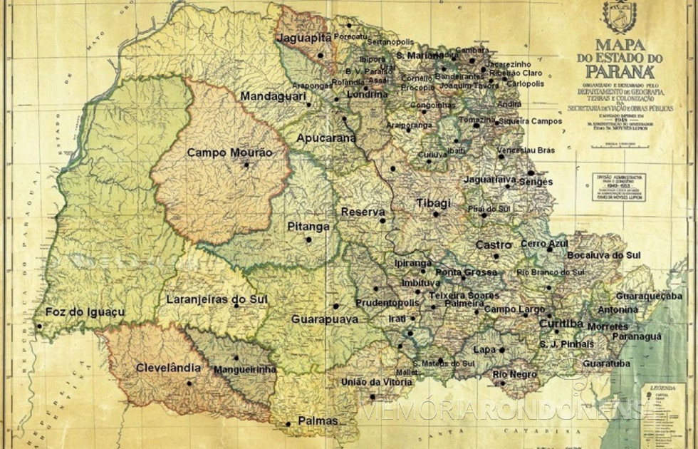 || Mapa do Paraná de 1948, com a nova configuração do território do município de Foz do Iguaçu, em função de criação de novos municípios desmembrados de Guarapuava, compreendido desde às margens do Rio Iguaçu até às margens do Rio Ivaí. 
Imagem: Acervo Toledo Memória e Fotos Atuais - FOTO 5 - 